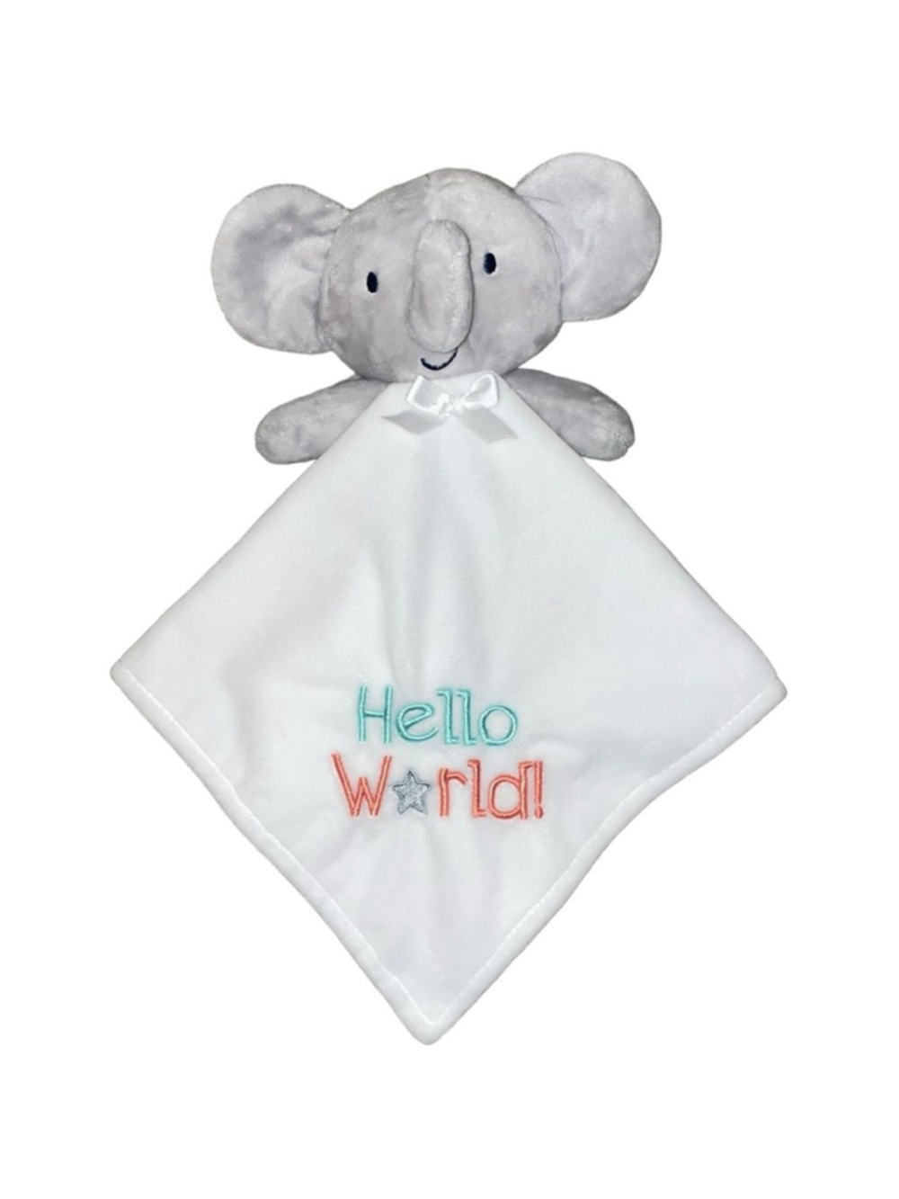 Little Me Unisex Infant Hello World Lovey Rattle Elephant Satin Back White Gray